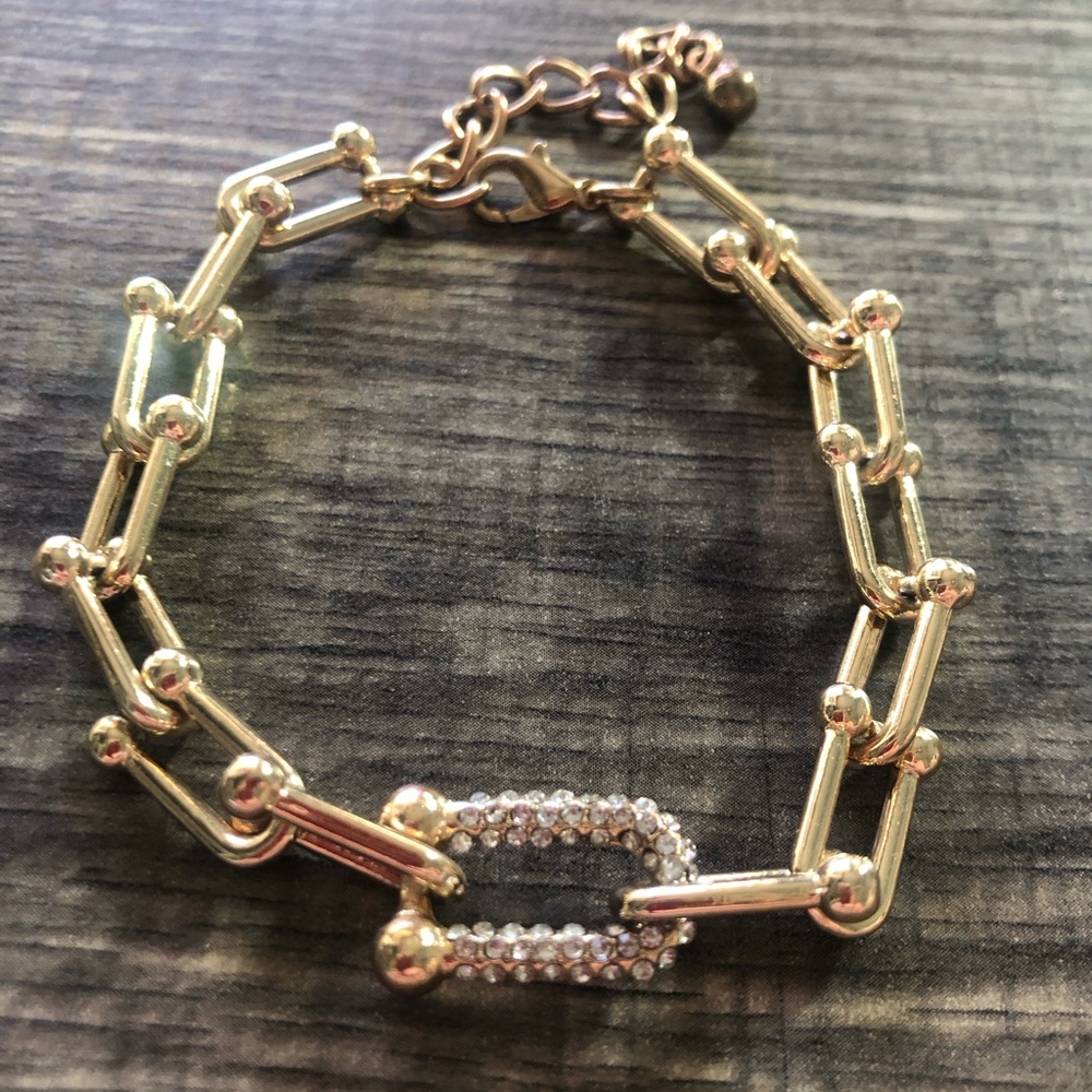 Hardware Gold Tone Chain Rhinestones Pave Link Bracelet Ulink Bling - Picture 1 of 5
